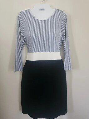 J. Jill Blue and White and Black Sheath Dress 3/4 Sleeve Scoop Neck